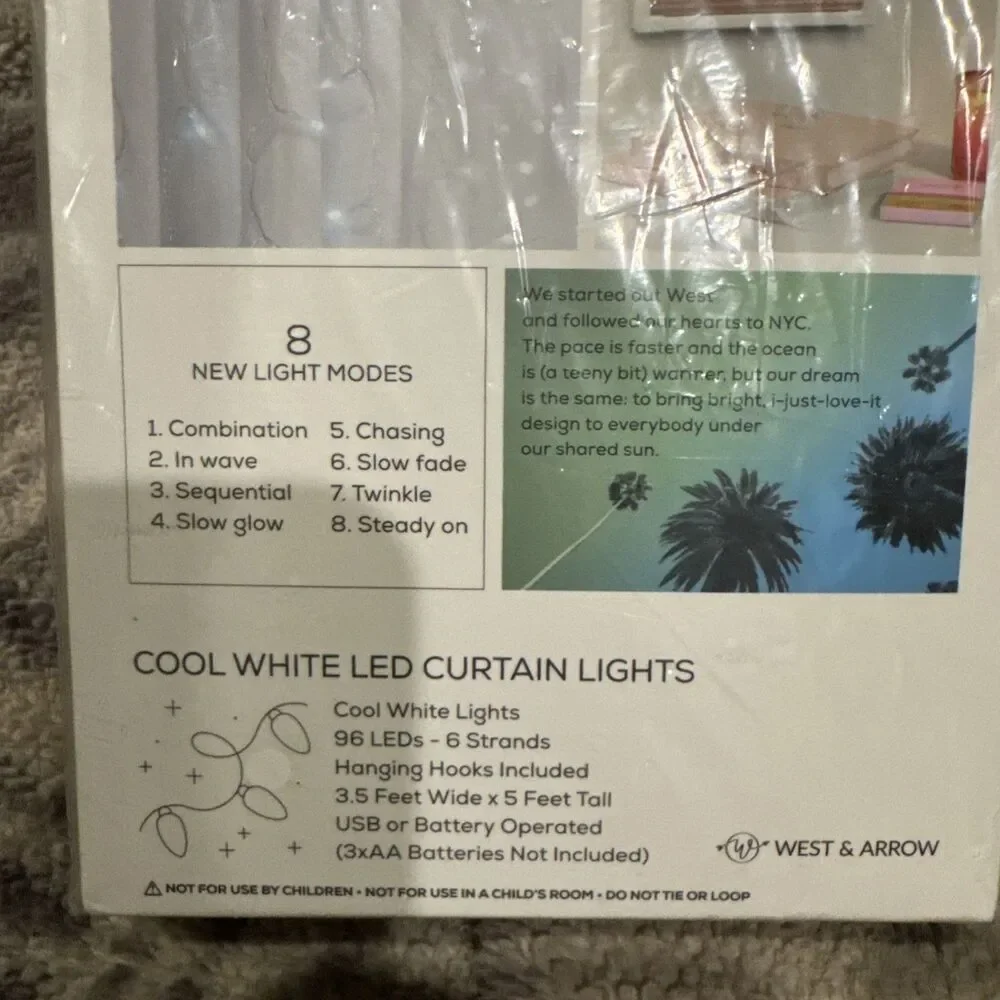West & Arrow LED Curtain String Light Cool White with Hanging Hooks (2 Pack)